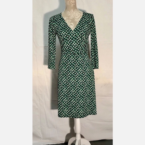 Ann Taylor LOFT Green Black Weave Print Knit 3/4 Sleeve Casual Poly Knit Dress~0 - Picture 2 of 12